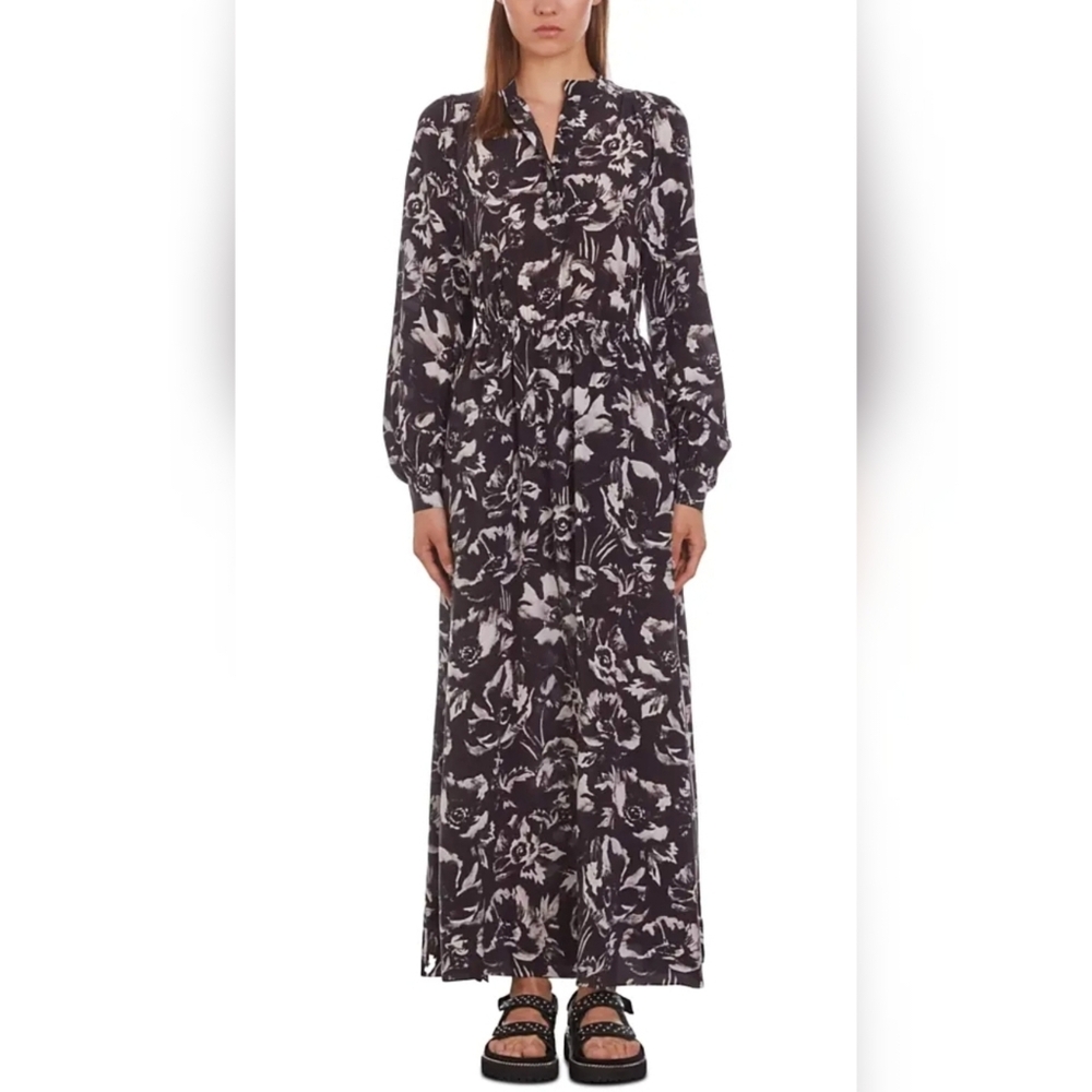 The Kooples Watercolor Garden Silk Maxi Dress Size FR 0/US 2 Charcoal Floral NWT